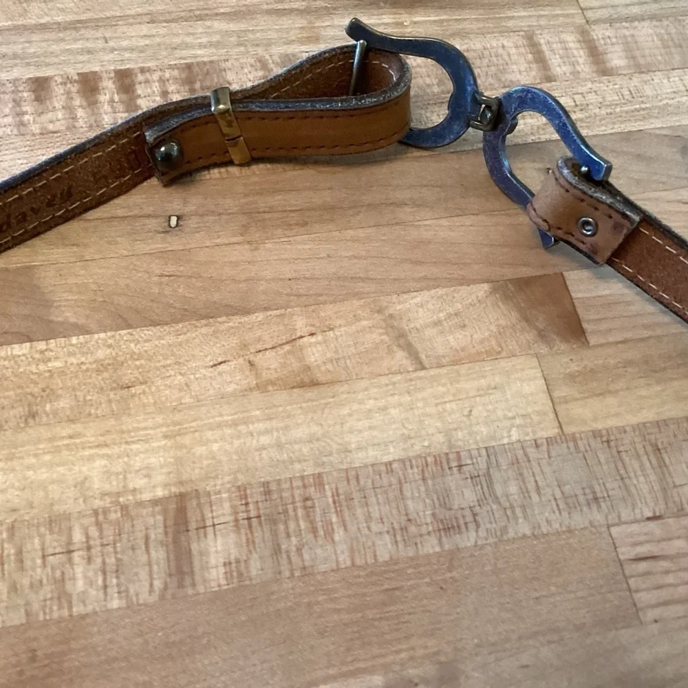 Narrow Brown Leather Belt with Metal Horseshoe Buckle Adjustable Small
